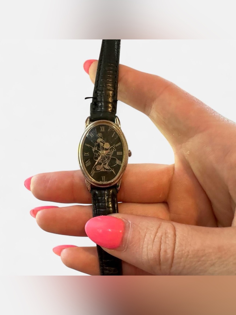 Vintage Alfex of Switzerland Minnie Mouse wrist watch with leather strap .
